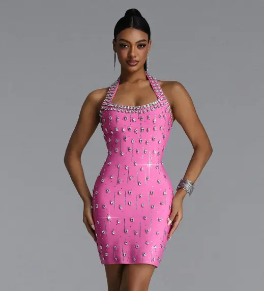 Manik Glamorous Contour Halter Rhinestone Bandage Pink Mini Dress