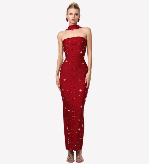 Nesya Sleeveless Pearl Wine Bandage Maxi Dress