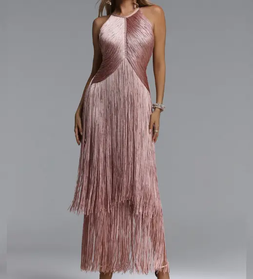 Taye Classic Contour Halter Fringe Bandage Pink Maxi Dress