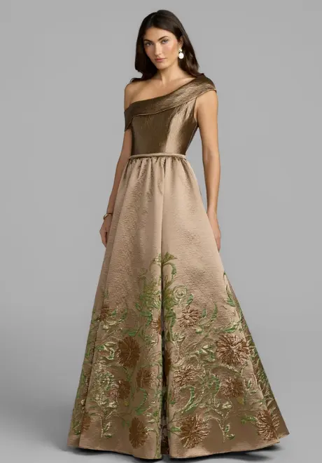 Petite Beige Floral Off The Shoulder Ball Gown