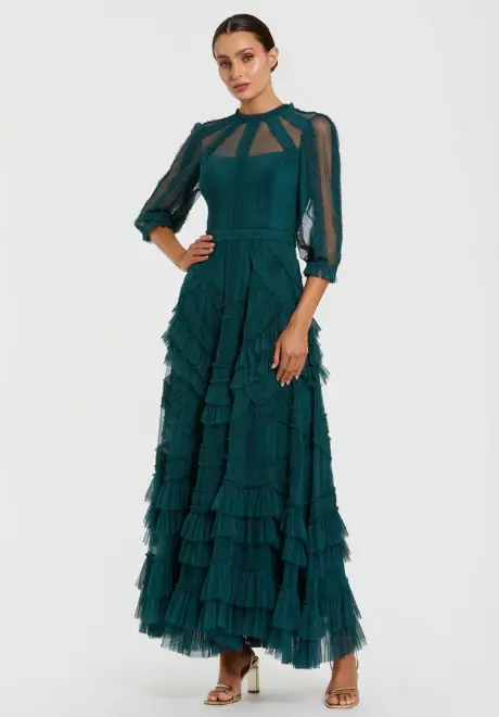 Petite Teal High Neck Tiered Ruffle Maxi Dress