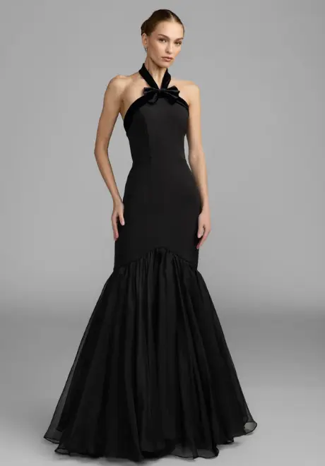 Petite Black Sleeveless Halter Neck Mermaid Gown With Bow