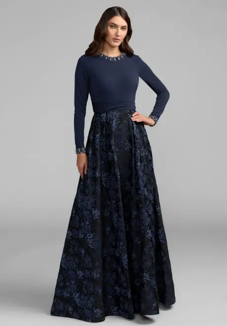 Petite Navy Floral Brocade A Line Gown With Pockets
