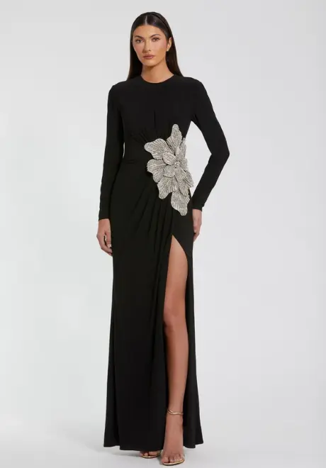 Petite Black Long Sleeve Jersey Gown With Embellished Flower