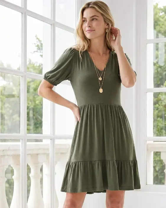 Petite Size Puff Sleeve Tiered Dress