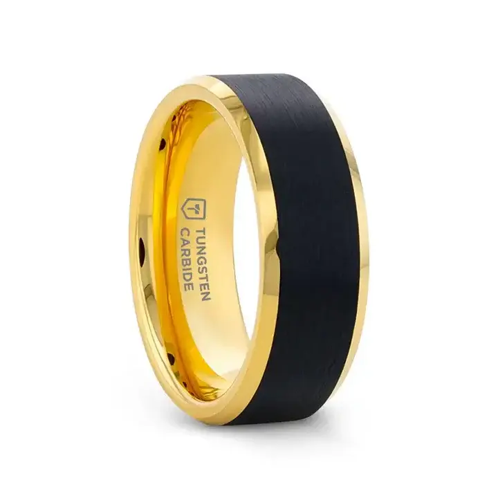 GASTON Gold Plated Tungsten Polished Beveled Ring with Brushed Black Center