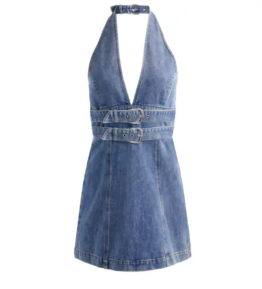 Solana Buckle Denim Halter Mini Dress