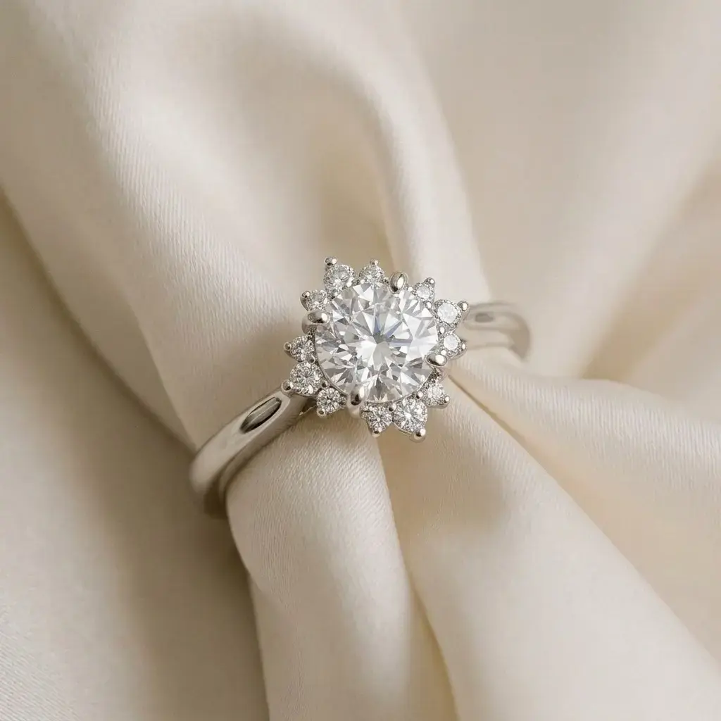 Delicate Ballerina Halo Diamond Engagement Ring In Platinum