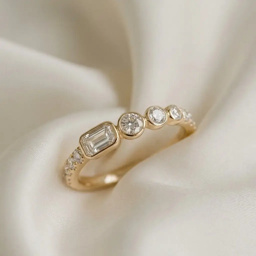Round And Emerald Cut Lab Grown Diamond Bezel Ring In 14k Yellow Gold