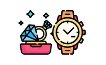 Luxury watches and accessories displayed with jewelry, sunglasses, gift boxes, and deal tags.