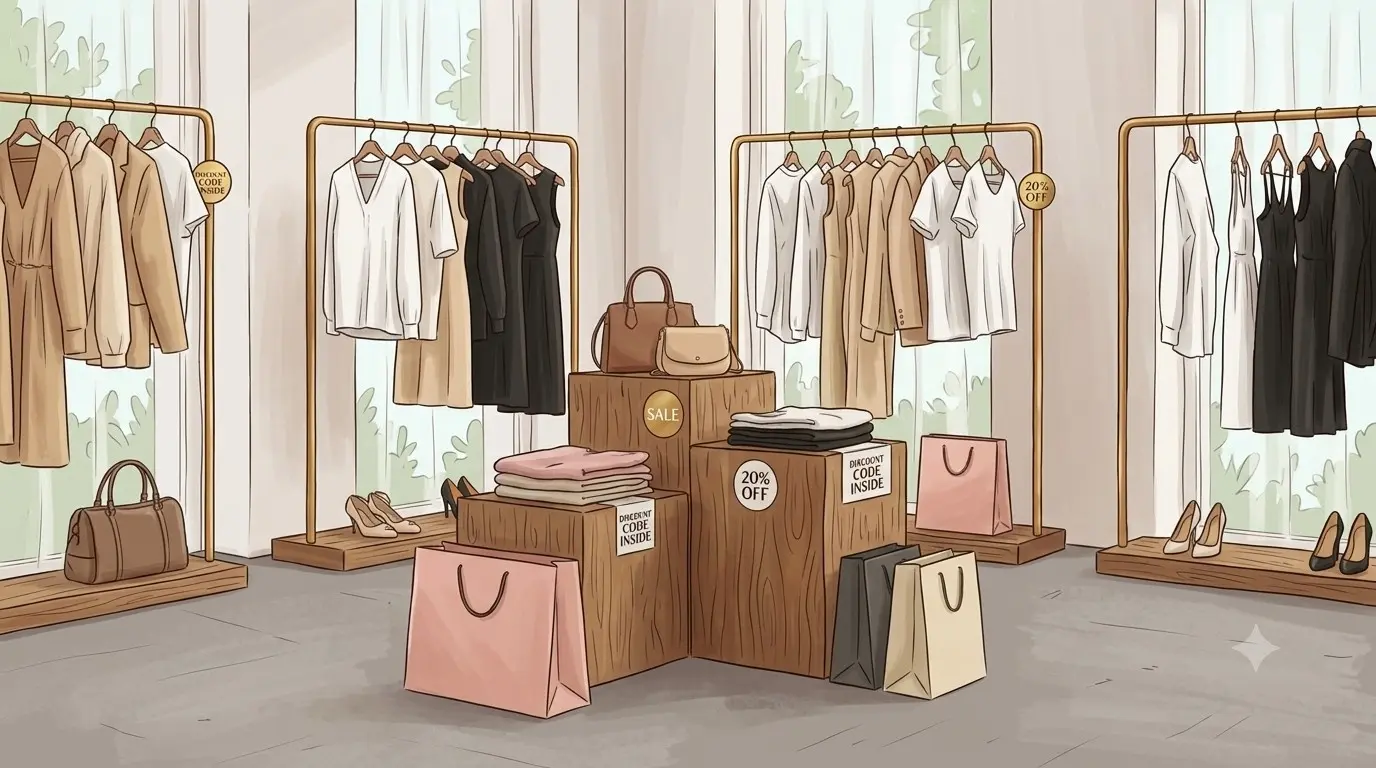 Clothing racks with neutral outfits, handbags, shopping bags, and discount sale signs in a modern boutique.