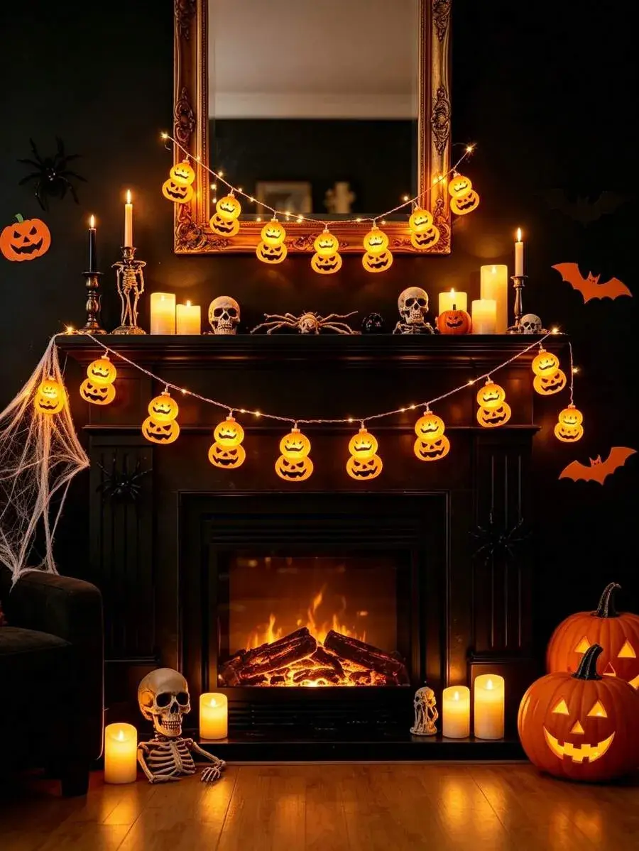 Halloween Double Stacked Pumpkin Led String Lights, Jack O Lantern Spooky Warm Orange