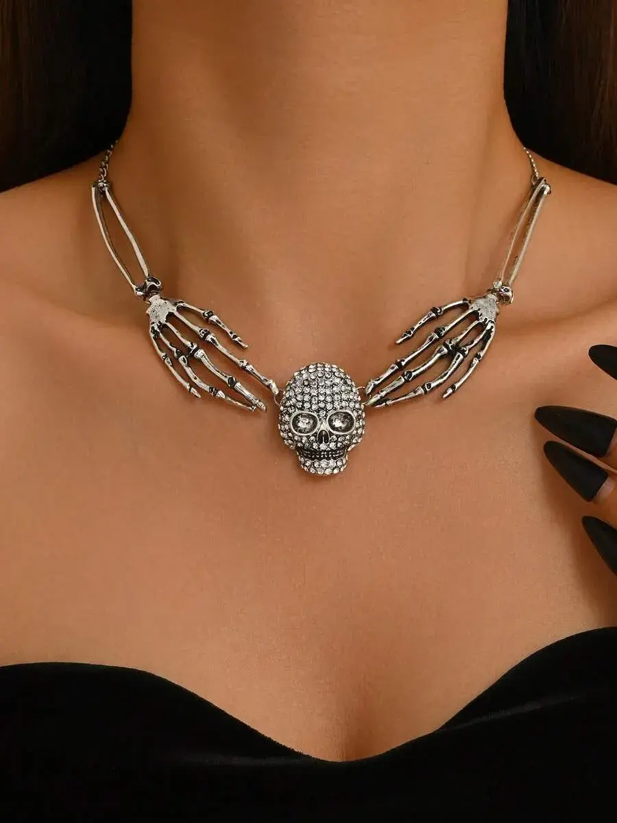 1pc Cool Punk Style Ghost Hand Skull Pendant Necklace Choker Women's Halloween Party