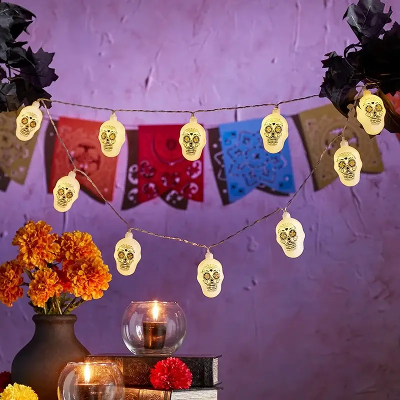 Day Of The Dead Sugar Skull String Lights   Battery Operated
