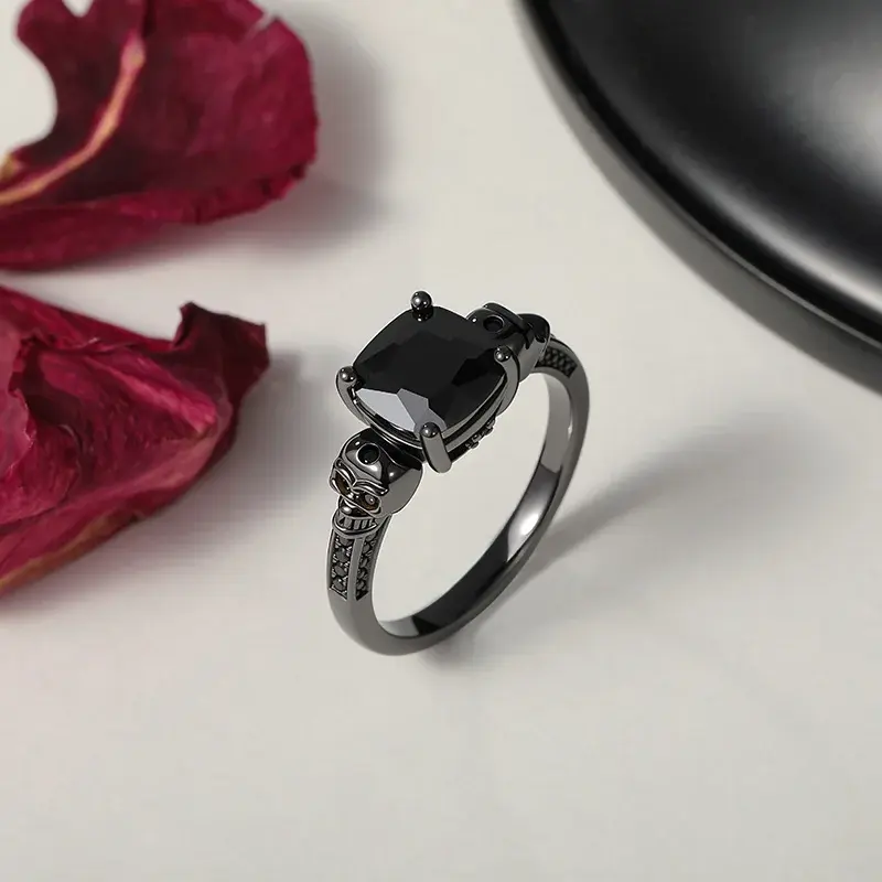 Jeulia &Quot;Eternal Love&Quot; Black Skull Cushion Cut Gothic Sterling Silver Ring