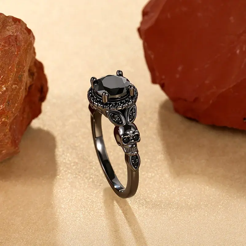 Jeulia Gothic Halo Round Cut Black Skull Ring Sterling Silver