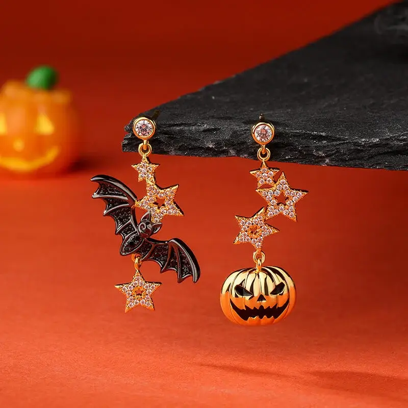 Jeulia &Quot;Halloween Fun&Quot; Bat &Amp; Pumpkin Sterling Silver Asymmetrical Earrings