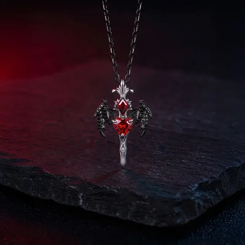 Jeulia Until Death Gothic Red Heart Bat Wing Sword Necklace