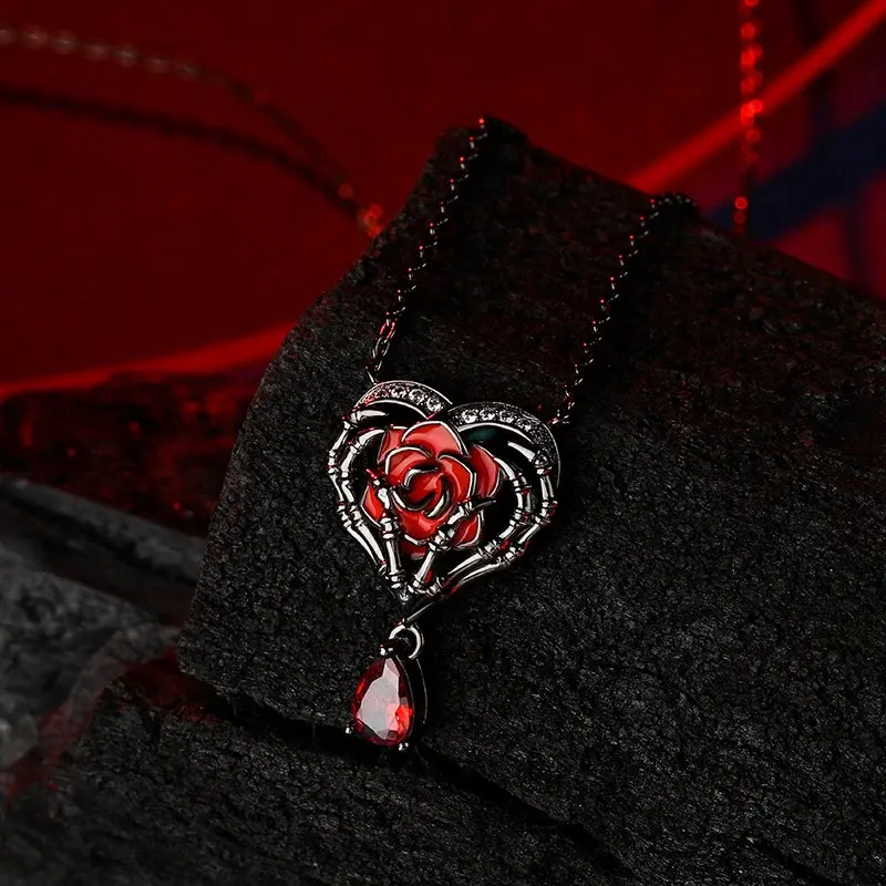Jeulia &Quot;Never Ending Love&Quot; Skeleton Hands &Amp; Rose Sterling Silver Necklace