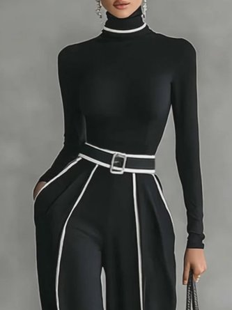 Casual Color Block Turtleneck Tee