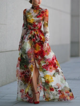 Elegant Floral Slit Stand Collar Maxi Party Dress