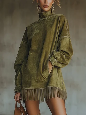 Casual Suede Tassel Hem Balloon Sleeve Mini Dress