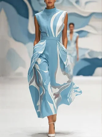 Elegant Abstract Printing Stand Collar Midi Dress
