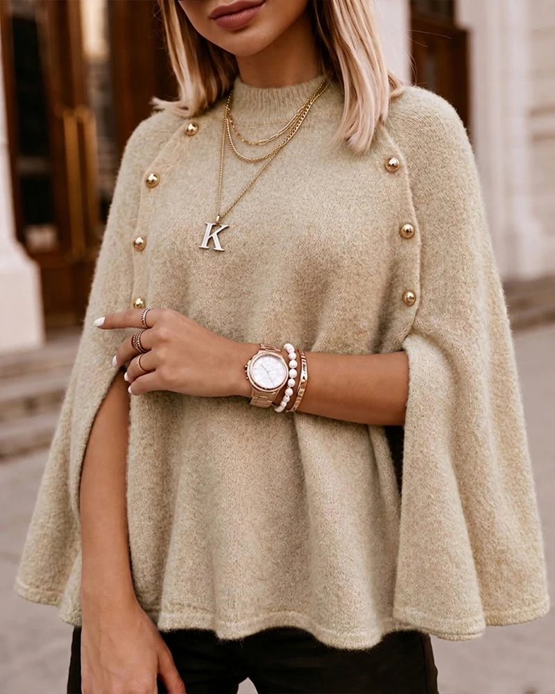 Women's Mock Neck Cape Knit Sweater Loose Old Money Style Pullover Side Slit Batwing Sleeve Winter Warm Cozy Top