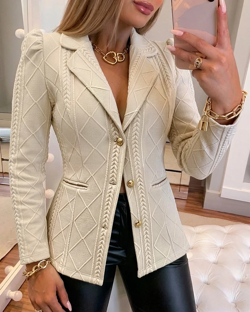 Women's Elegant Argyle Textured Blazer Slim Fit Puff Sleeve Suit Jacket Gold Button Work Office Commuter Blazer With Pockets