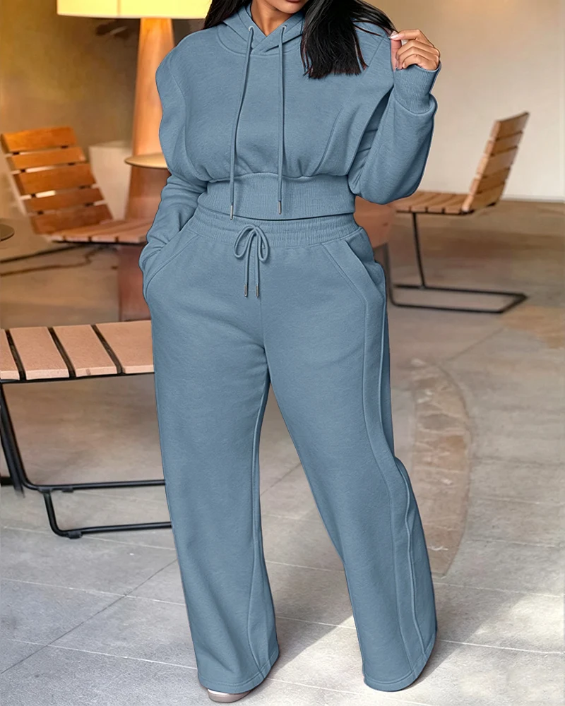 2 Pieces Outfit Long Sleeve Crop Drawstring Hoodie Sweatshirt With Thumb Hole Cuffs And Casual Drawstring Elastic Waist Wide Leg Sweatpants Set