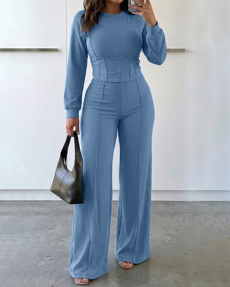 2 Pieces Outfit O Neck Long Sleeve Cinched Waist Sweatshirt And Elastic Waist Wide Leg Pants Set Casual Seam Design Sweatpants Set