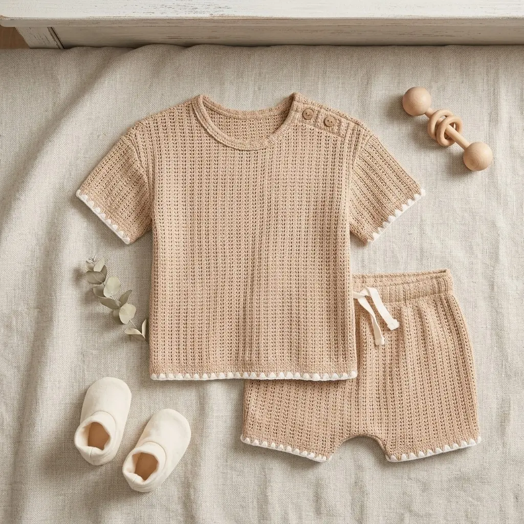 Short Sleeve Crochet Knit Top And Shorts Set For Baby