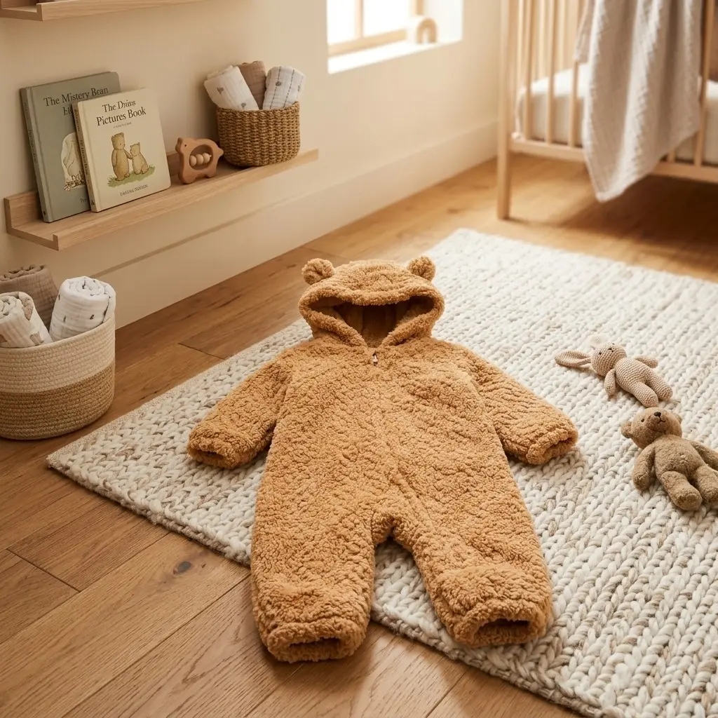 Long Sleeve Critter Sherpa Hooded One Piece For Baby