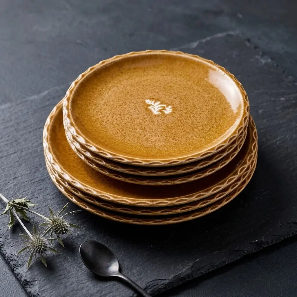 Set Of 4 6.5&Quot; Pinched Edge Stoneware Appetizer Plates Gold