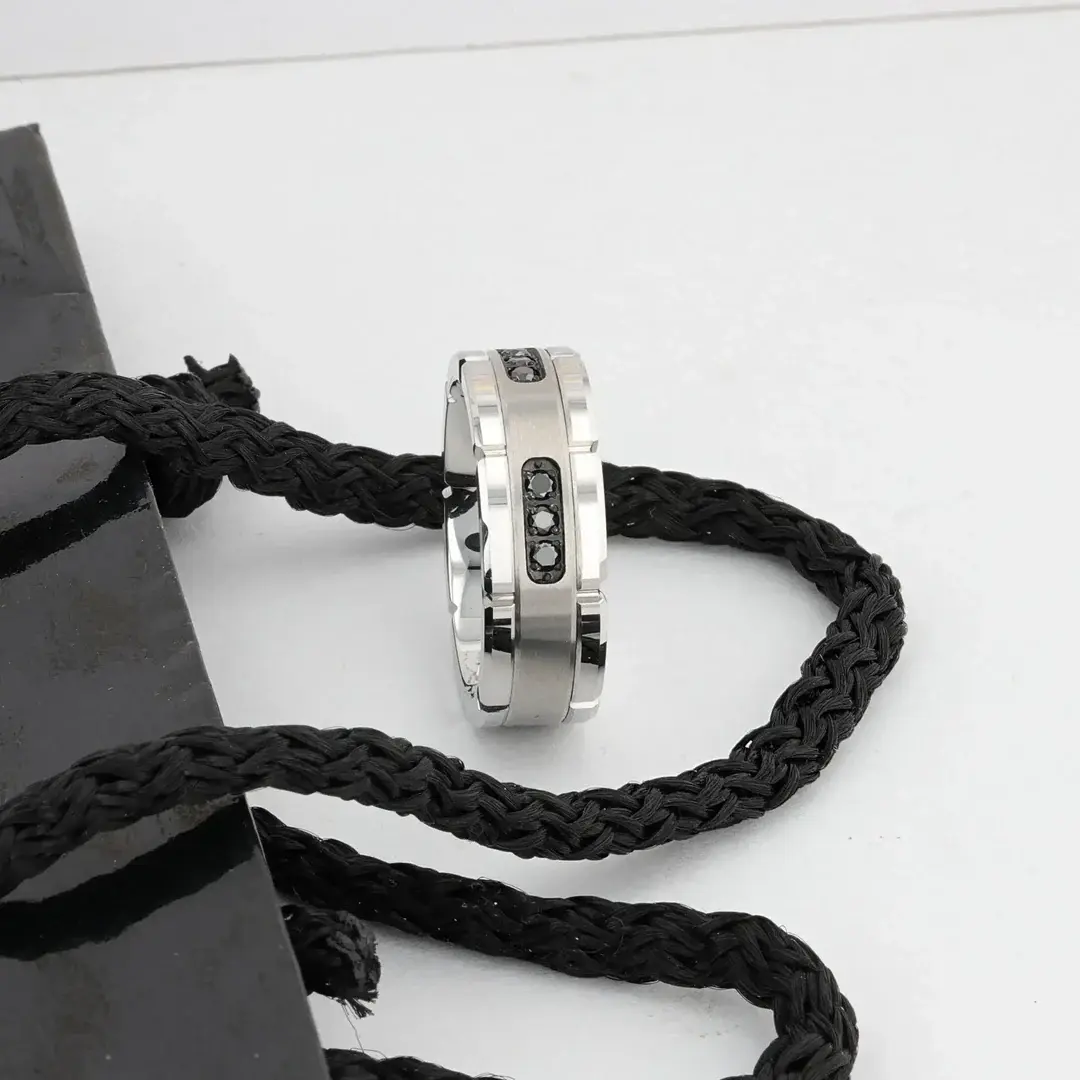 Valor Grooved Tungsten Ring With Silver Inlay &Amp; Black Diamonds