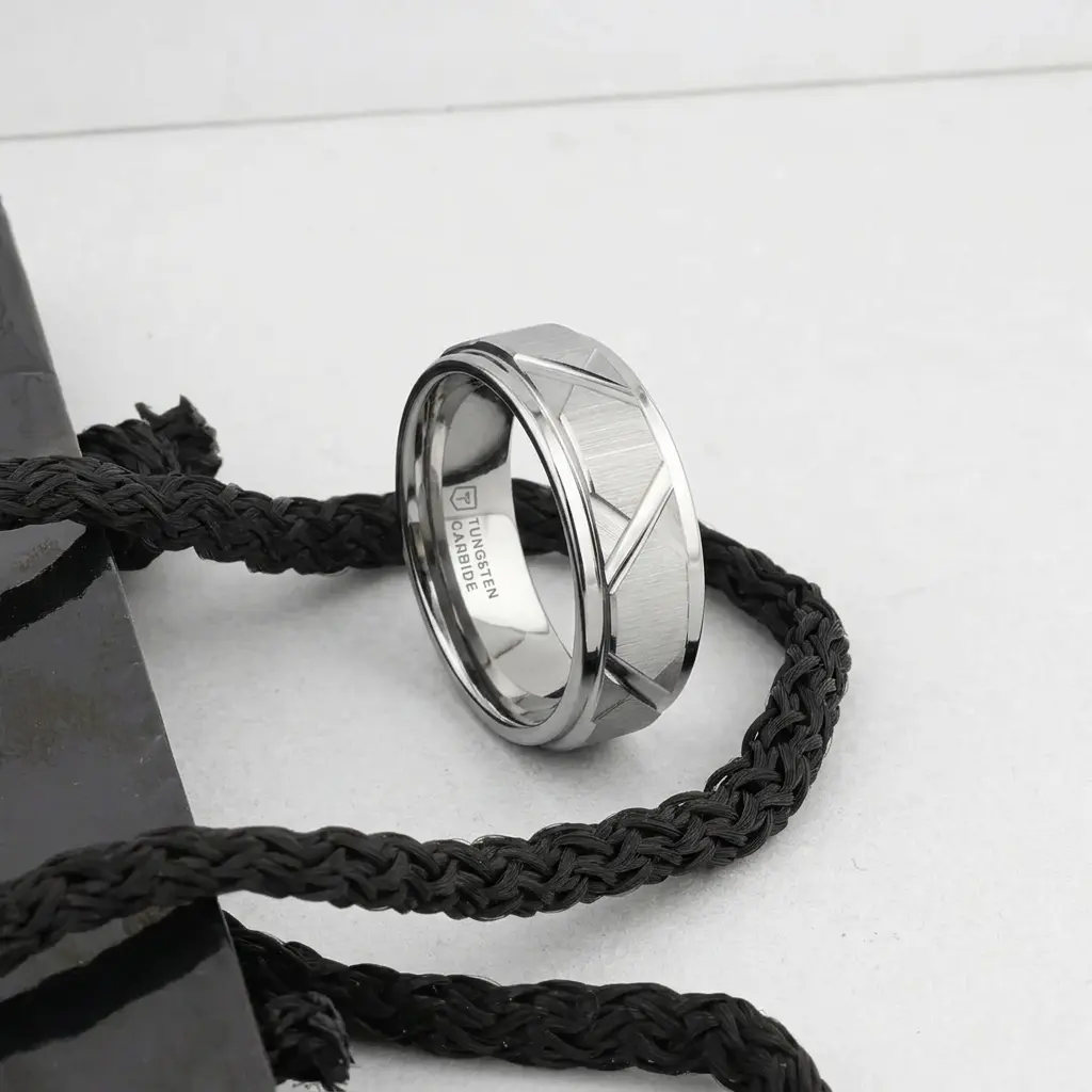 Vestige Tungsten Ring With Triangle Angle Grooves And Raised Center