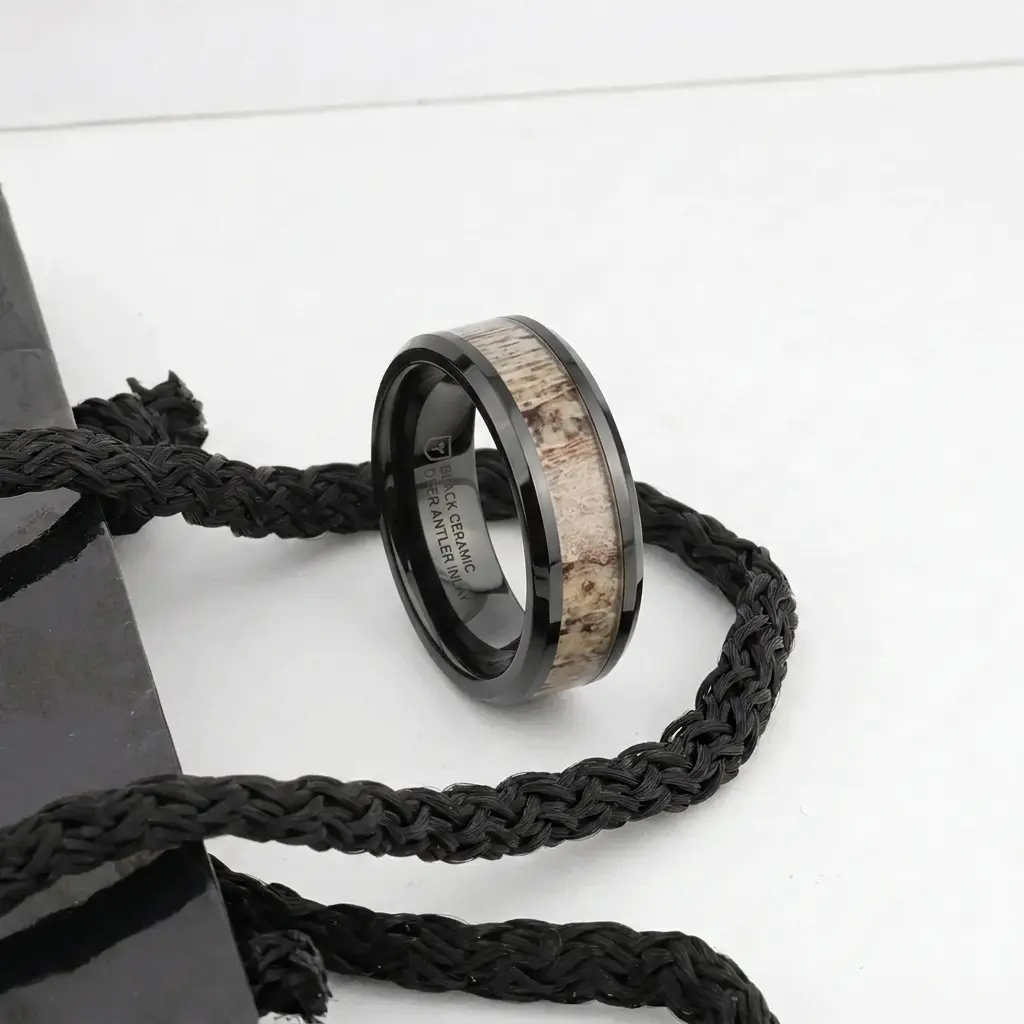 Tres Beveled Black Ceramic Polished Men's Wedding Band
