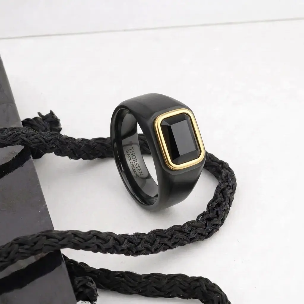 Sparro Black Titanium Signet Ring With Black Onyx Inlay And Gold Plated Outline