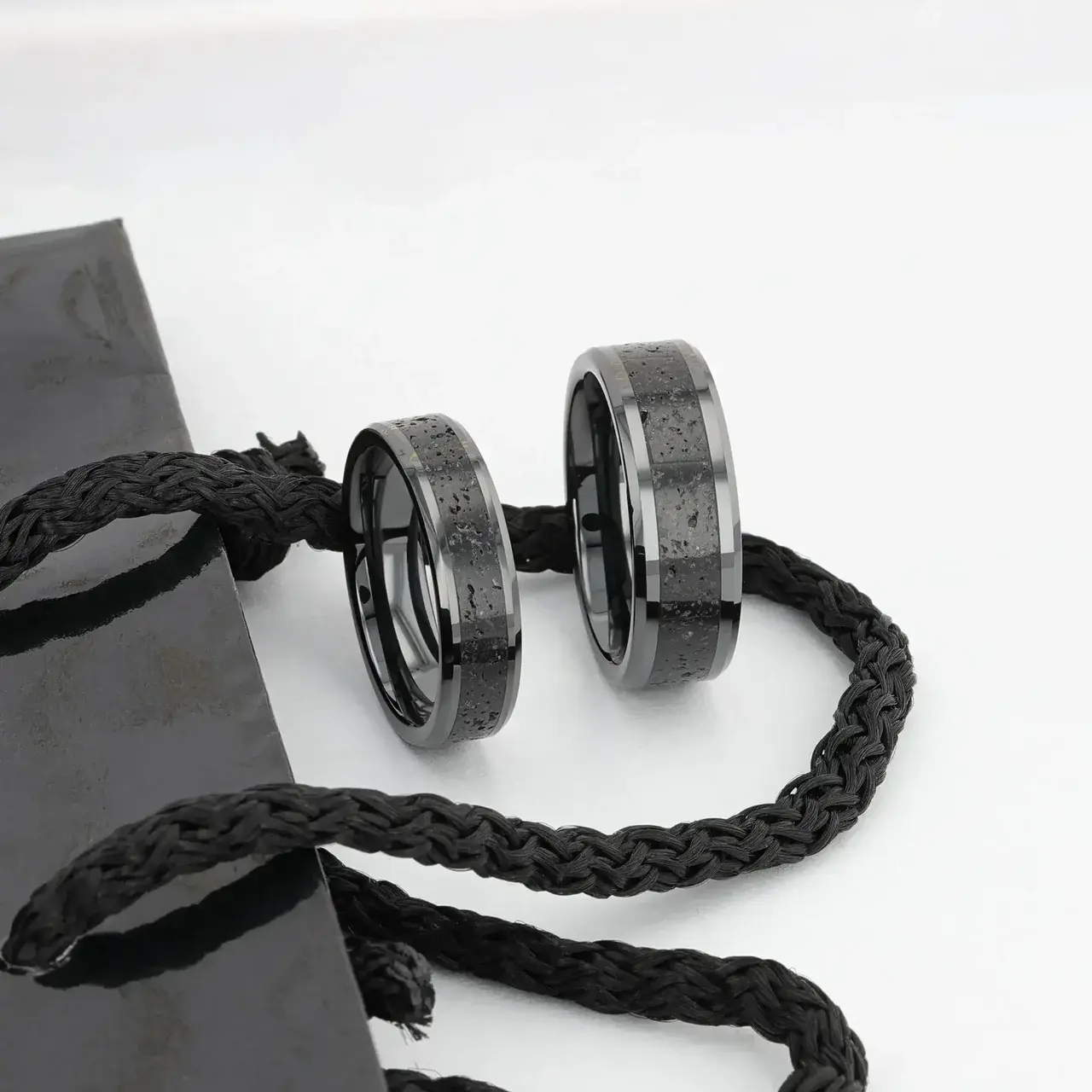 Vesuvius Men’s Polished Black Ceramic Wedding Band With Black &Amp; Gray Lava Rock Stone