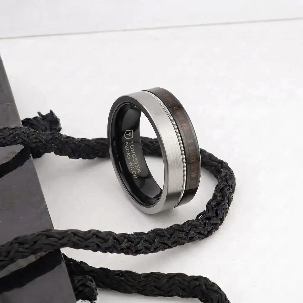 Slate 8mm Tungsten &Amp; Black Ceramic Hybrid Ring With Steel Guitar String