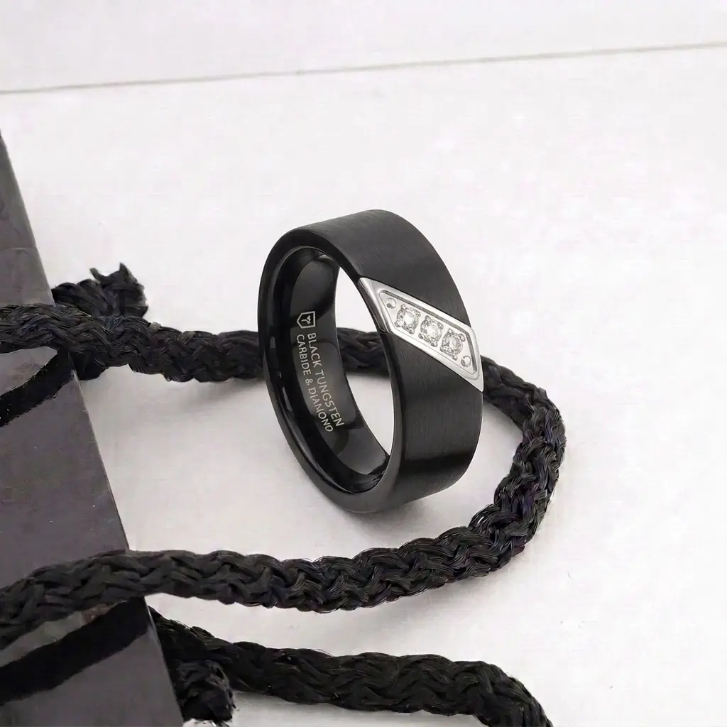 Liam 8mm Flat Black Satin Tungsten Carbide Wedding Band With Diagonal Diamonds