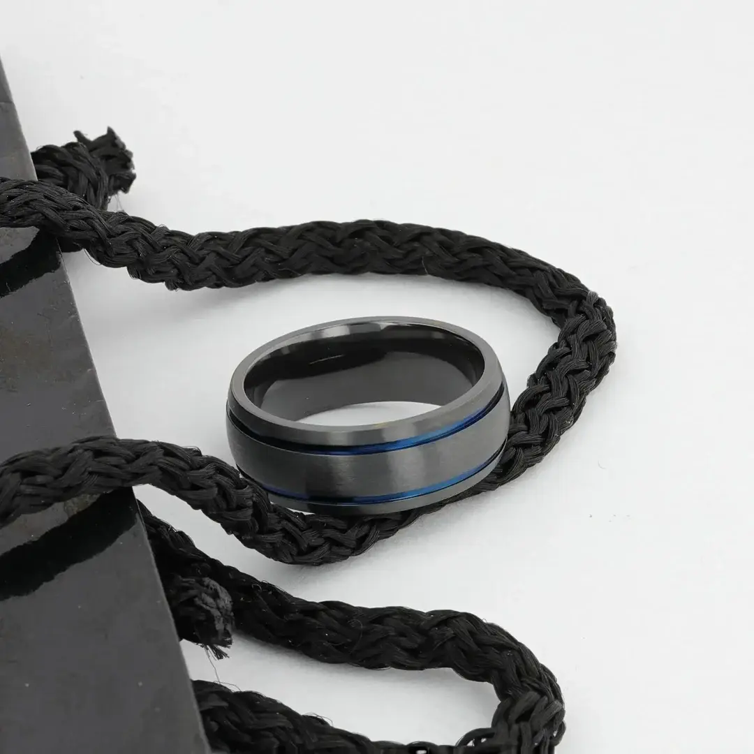 Domed Black Titanium Brushed Finish Men’s Wedding Ring With Blue Grooves