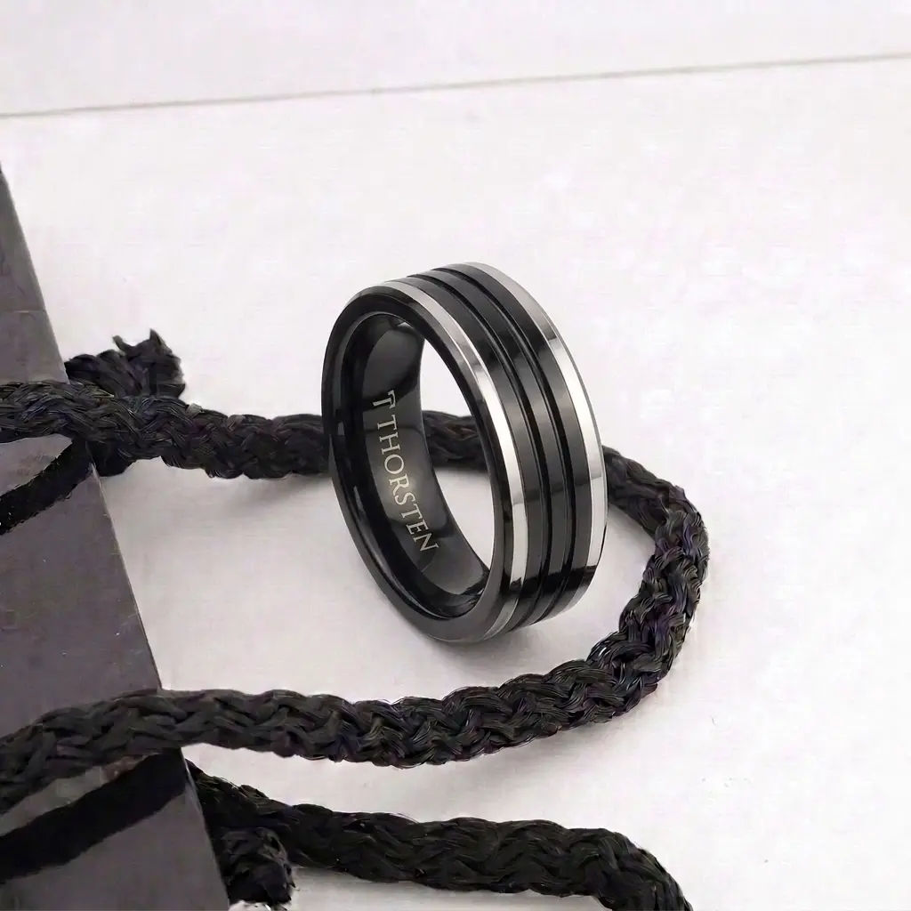 Edinburgh Tungsten Ring With Flat Grooved Black Ceramic Inlay