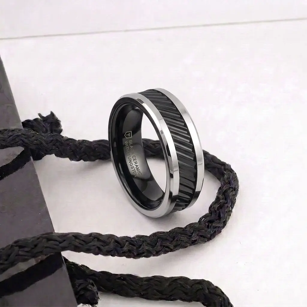 Helix Gear Teeth Pattern Black Ceramic And Tungsten Ring