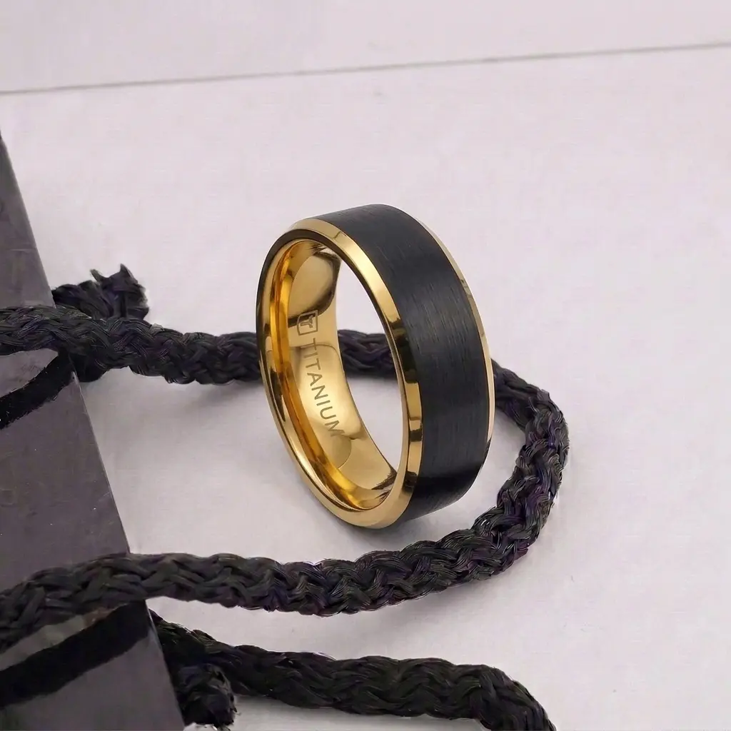 Beaumont Gold Plated Titanium Beveled Ring With Brushed Black Center