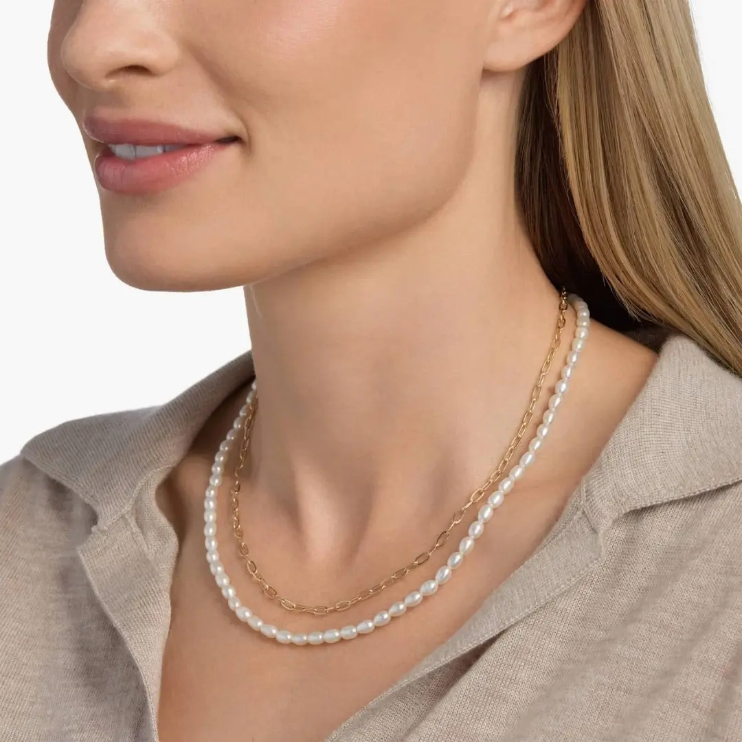 Freshwater Pearl And Paperclip Chain Double Strand Necklace In 14k Yellow Gold