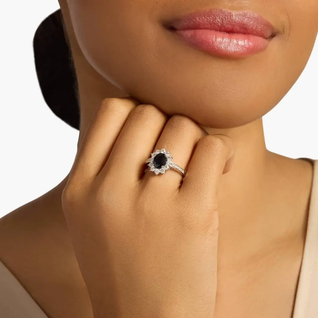 Oval Sapphire And Diamond Halo Ring In 18k White Gold (8x6mm)