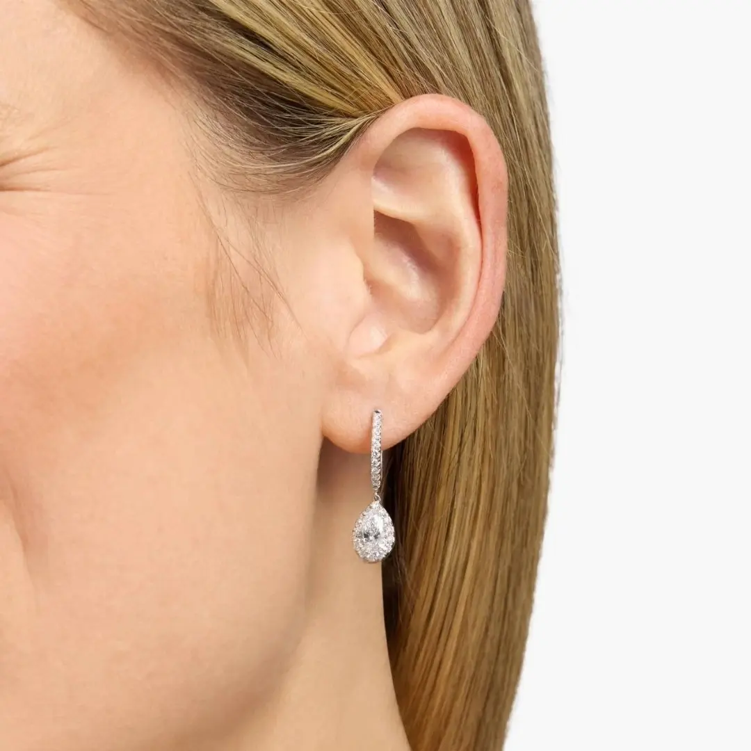 Lab Grown Diamond Pear Halo Dangle Earrings In 14k White Gold