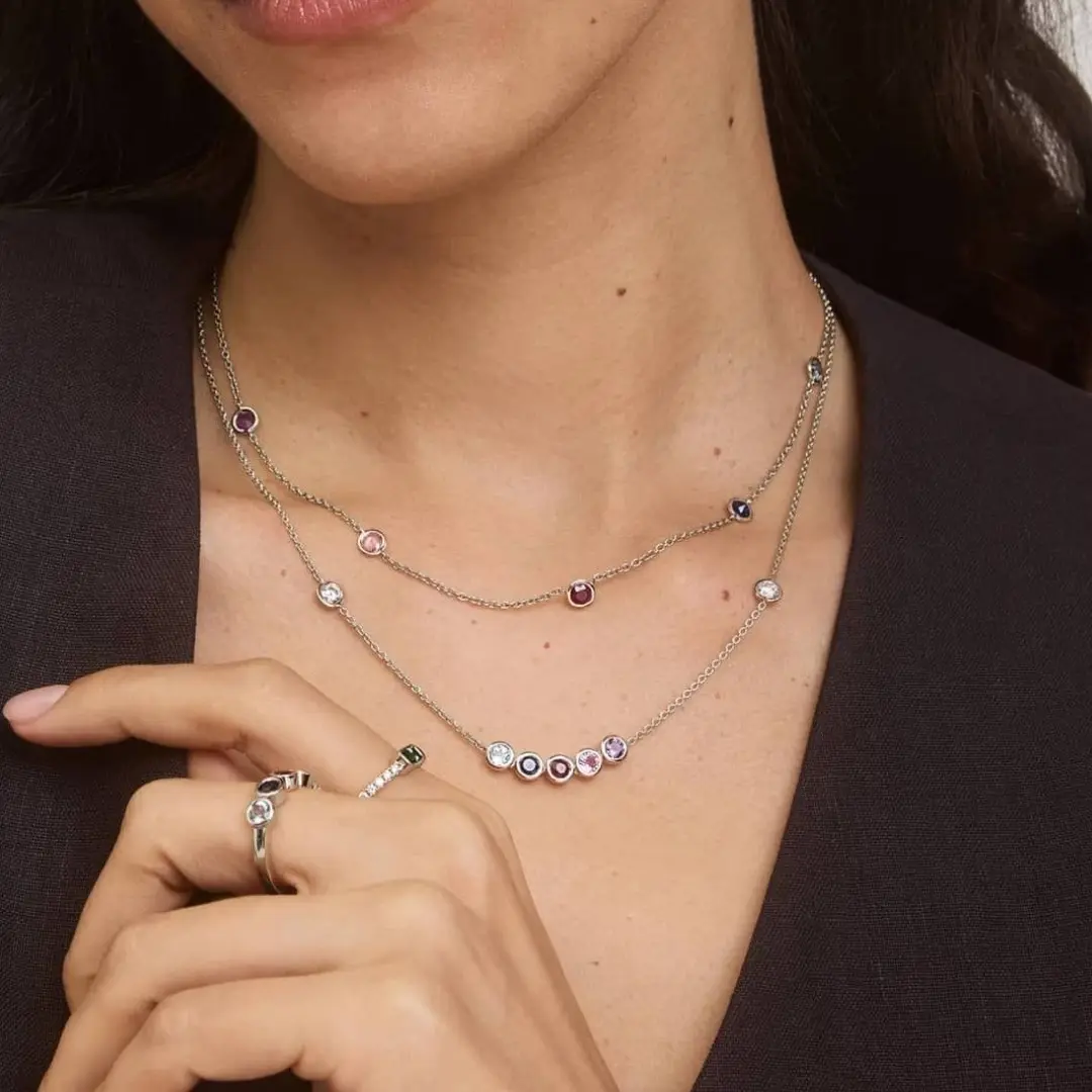 Personalized Round Cut Four Birthstone Station Necklace With Lab Grown Diamonds In 14k White Gold