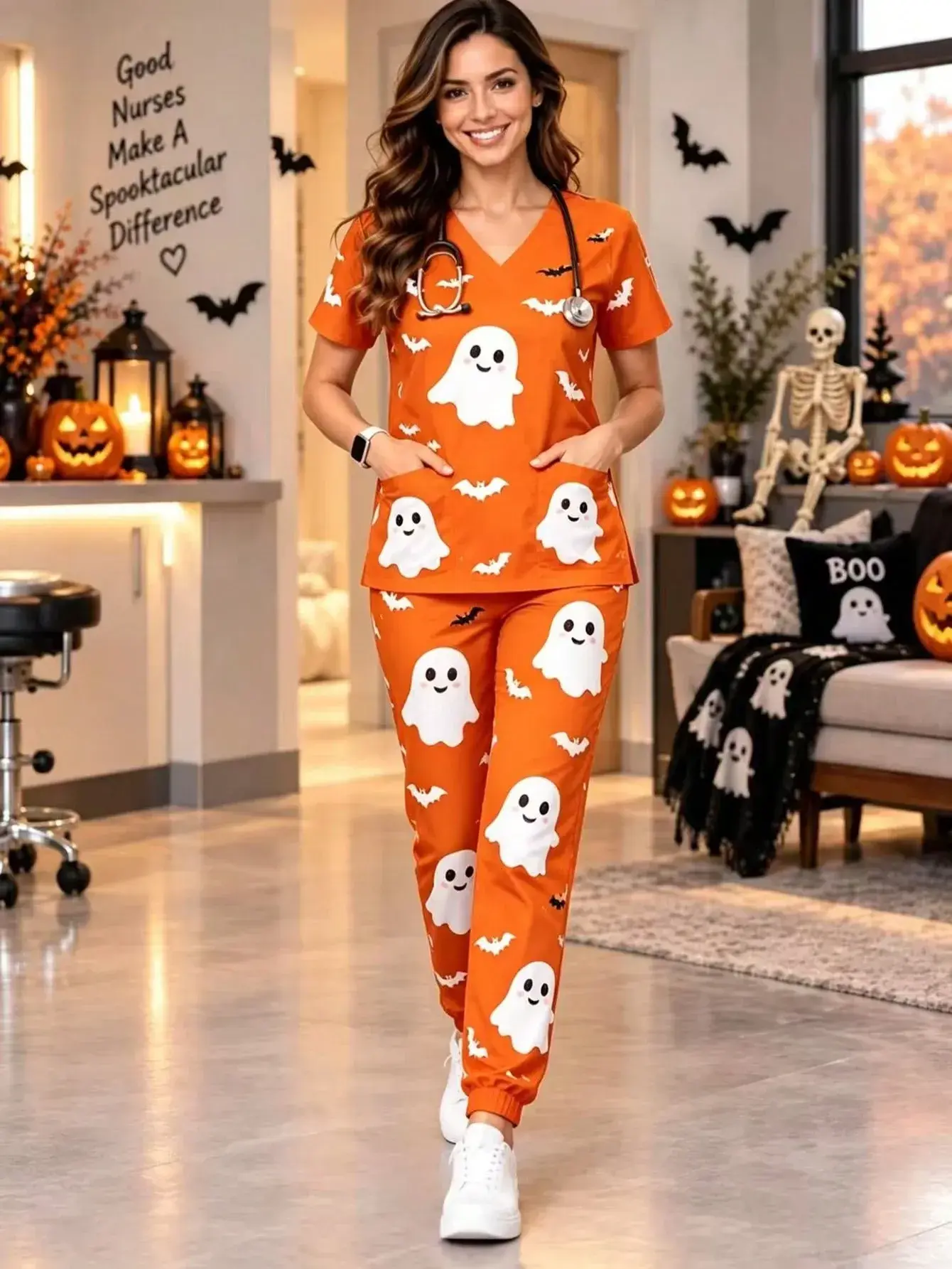 Printed V Neck T Shirt, Versatile Printed Halloween Gift Pocket